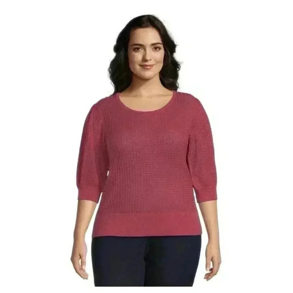 Sky Sweaters - Terra Sky 3x Pink Knit Textured Sweater With Puff Sleeves Plus Size Tops
